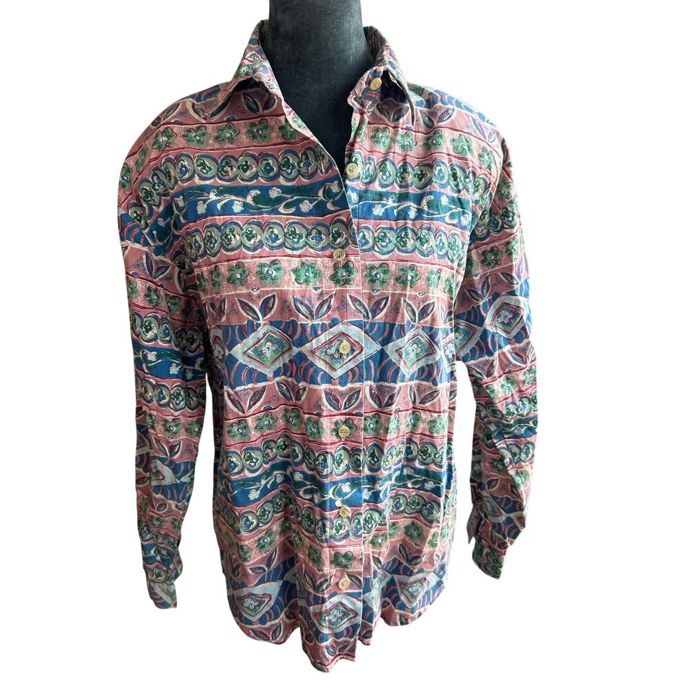 Western Blouse- cotton Med- southwestern - button up- pastel blue pink collar